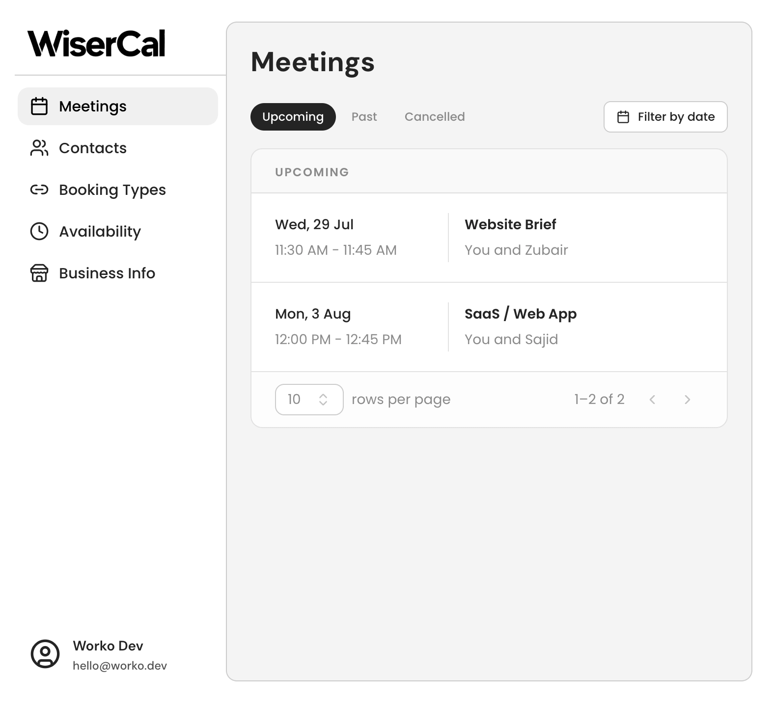The WiserCal dashboard showing bookings and availability