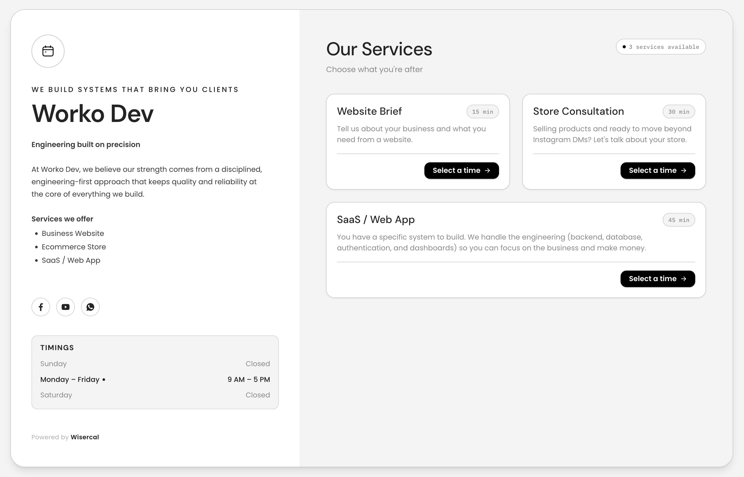 A WiserCal business page with online appointment booking
